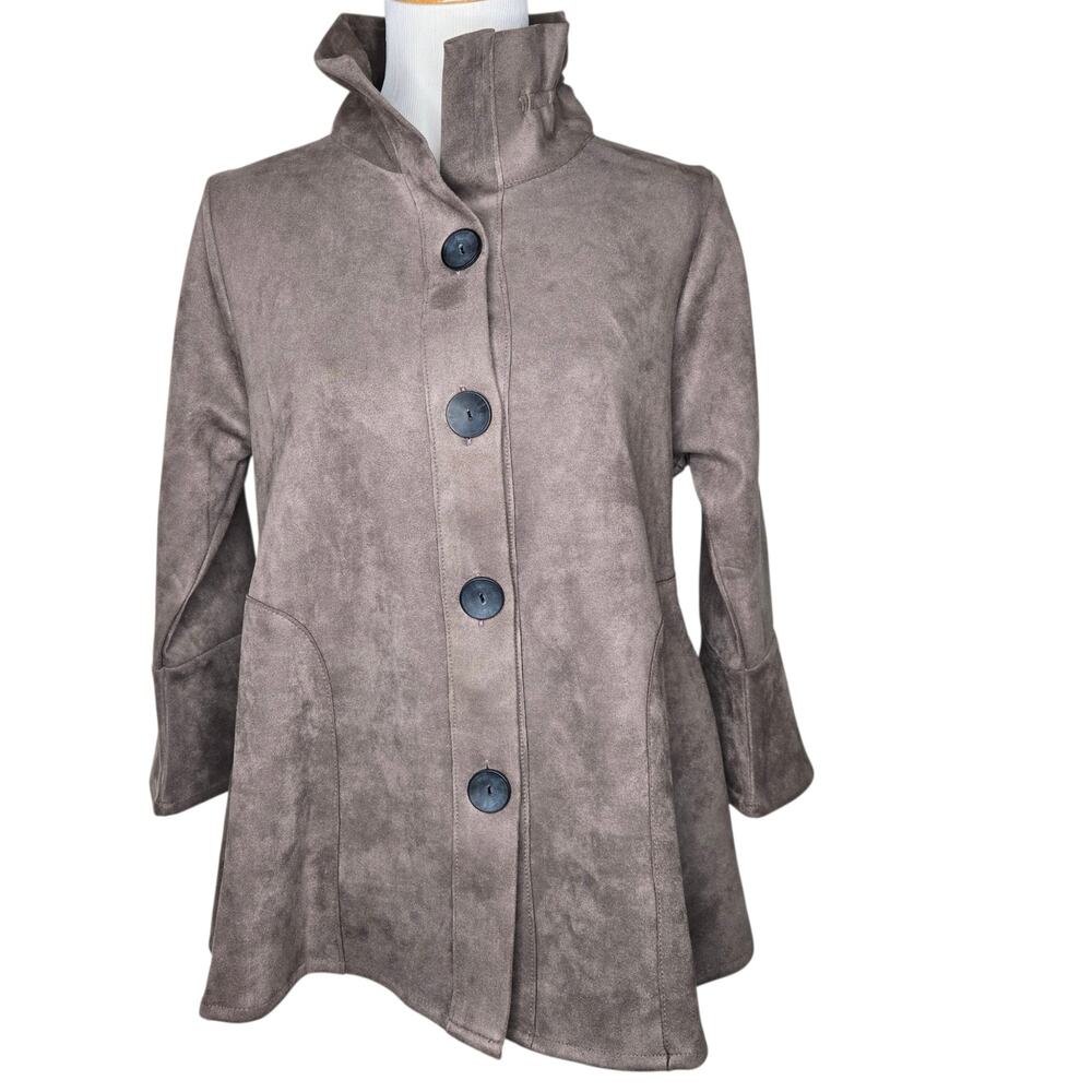 Damee Mock Funnel Neck Micro Faux Suede Jacket Taupe Brown Medium A-Line Swing